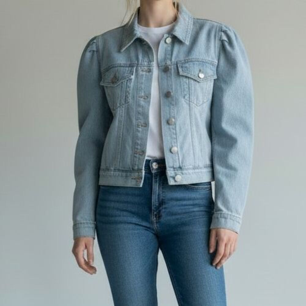 Sugarlips Ameya Conway Cropped Denim Jean Jacket Medium Blue Puff Shoulder